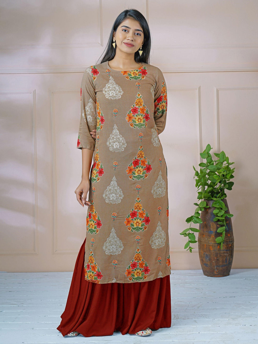 Vibrant Floral Printed & Cord Embroidered Kurti - Indiakreations