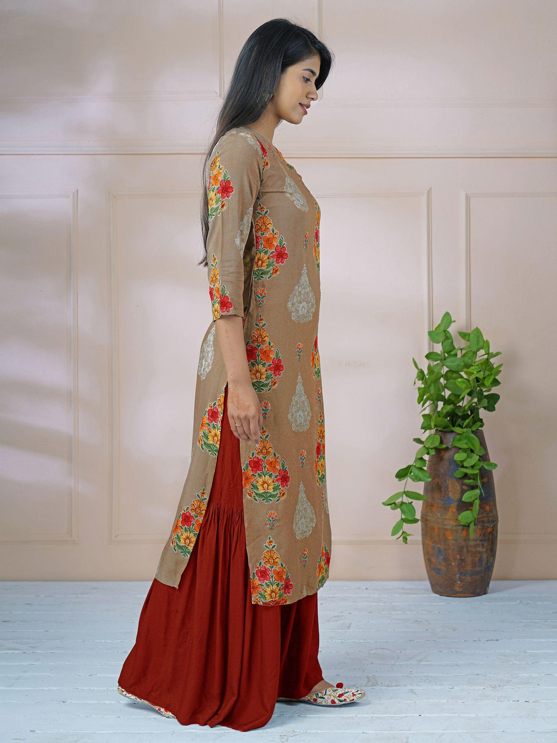 Vibrant Floral Printed & Cord Embroidered Kurti - Indiakreations