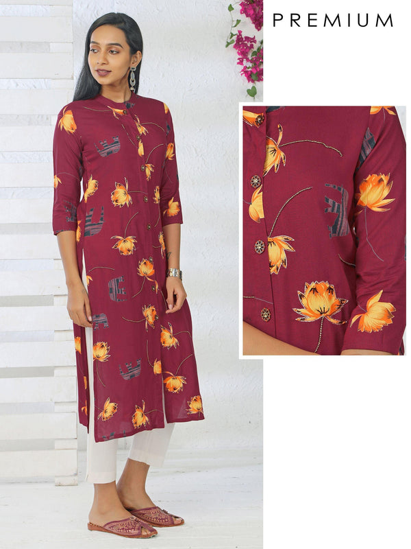 Elephant & Floral Printed Beads Embellished Panel Kurti - Indiakreations