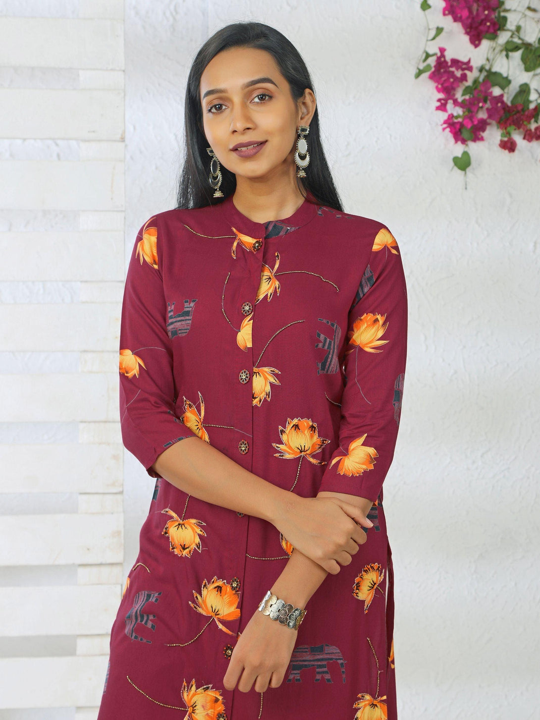 Elephant & Floral Printed Beads Embellished Panel Kurti - Indiakreations