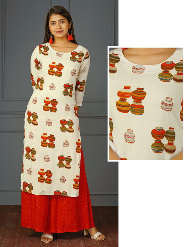 Vibrant Pot Printed Kurti with Cut-dana Embellishments - Indiakreations