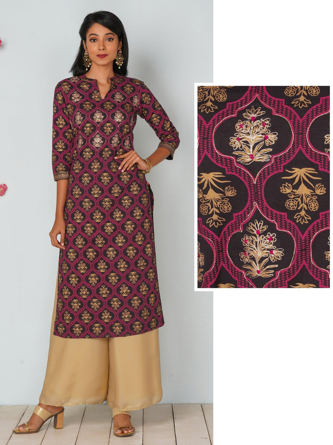 Floral Jaali Printed & Embroidered Cotton Kurti - Navy - Indiakreations