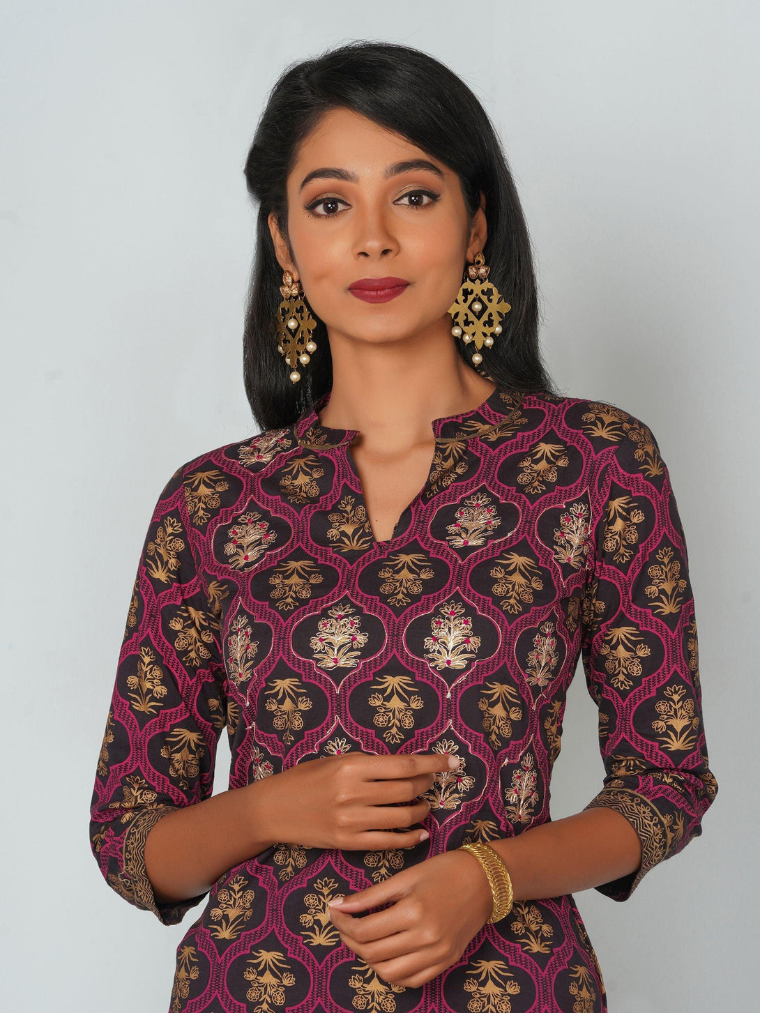 Floral Jaali Printed & Embroidered Cotton Kurti - Navy - Indiakreations