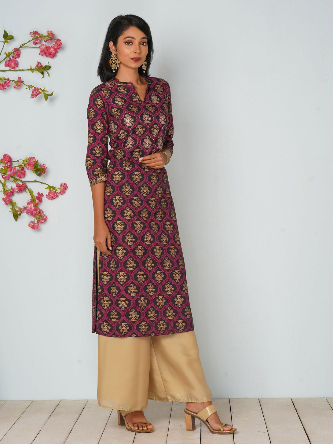 Floral Jaali Printed & Embroidered Cotton Kurti - Navy - Indiakreations