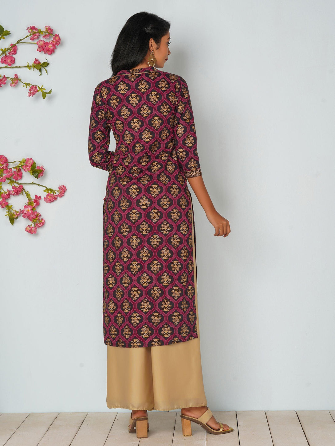 Floral Jaali Printed & Embroidered Cotton Kurti - Navy - Indiakreations