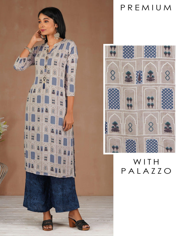 Monument & Checkered Printed Kurti & Palazzo Set - Indiakreations