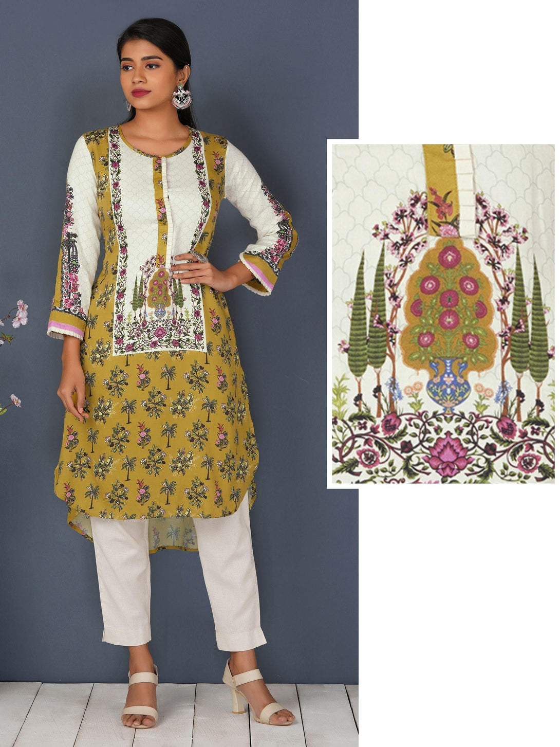 Tree Floral Motif Hi- Low Kurta – Chartreuse Yellow - Indiakreations