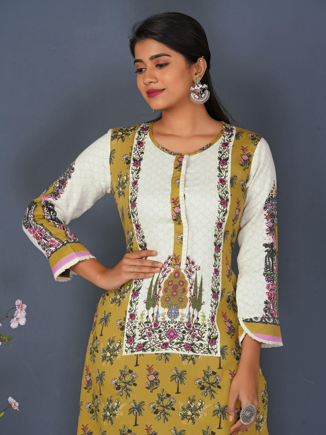 Tree Floral Motif Hi- Low Kurta – Chartreuse Yellow - Indiakreations