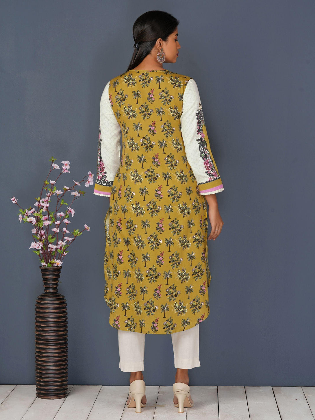 Tree Floral Motif Hi- Low Kurta – Chartreuse Yellow - Indiakreations