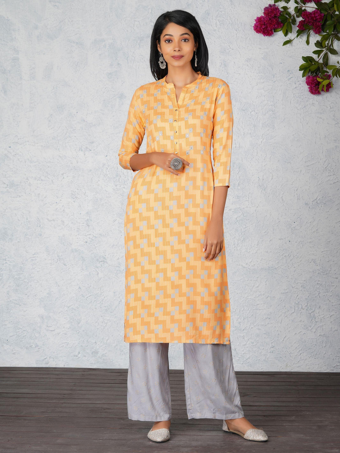 Khari Print Foil Mirror Work Kurta And Gold Khari Pant Set - Orange And Grey - Indiakreations