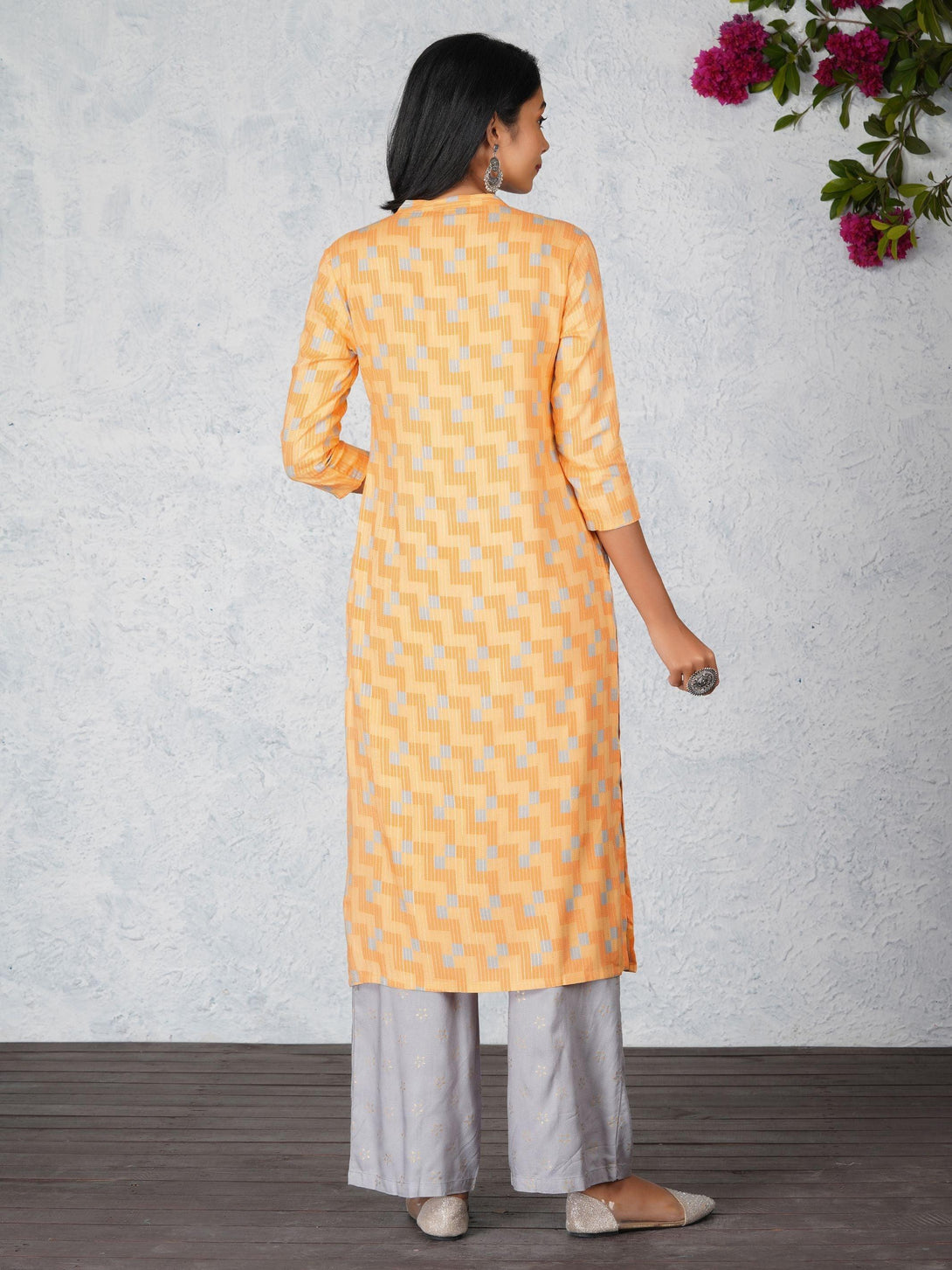 Khari Print Foil Mirror Work Kurta And Gold Khari Pant Set - Orange And Grey - Indiakreations