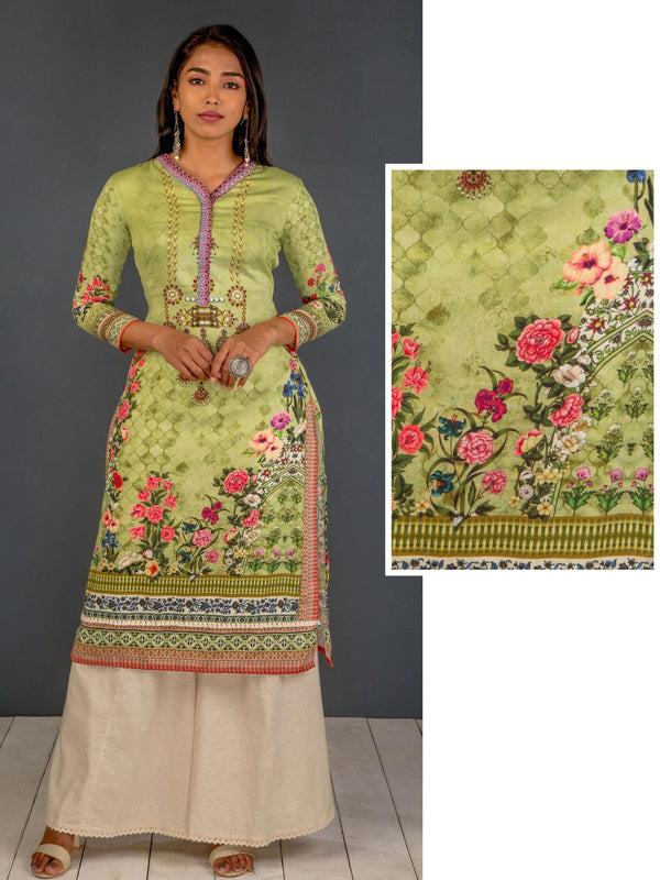 Floral Printed Kurti With Digital Print Neckline - Indiakreations