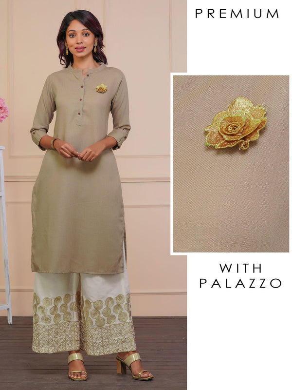 Gold Zari Floral Applique Kurta with Gota Embellished Palazzo Set - Light Taupe Brown - Indiakreations