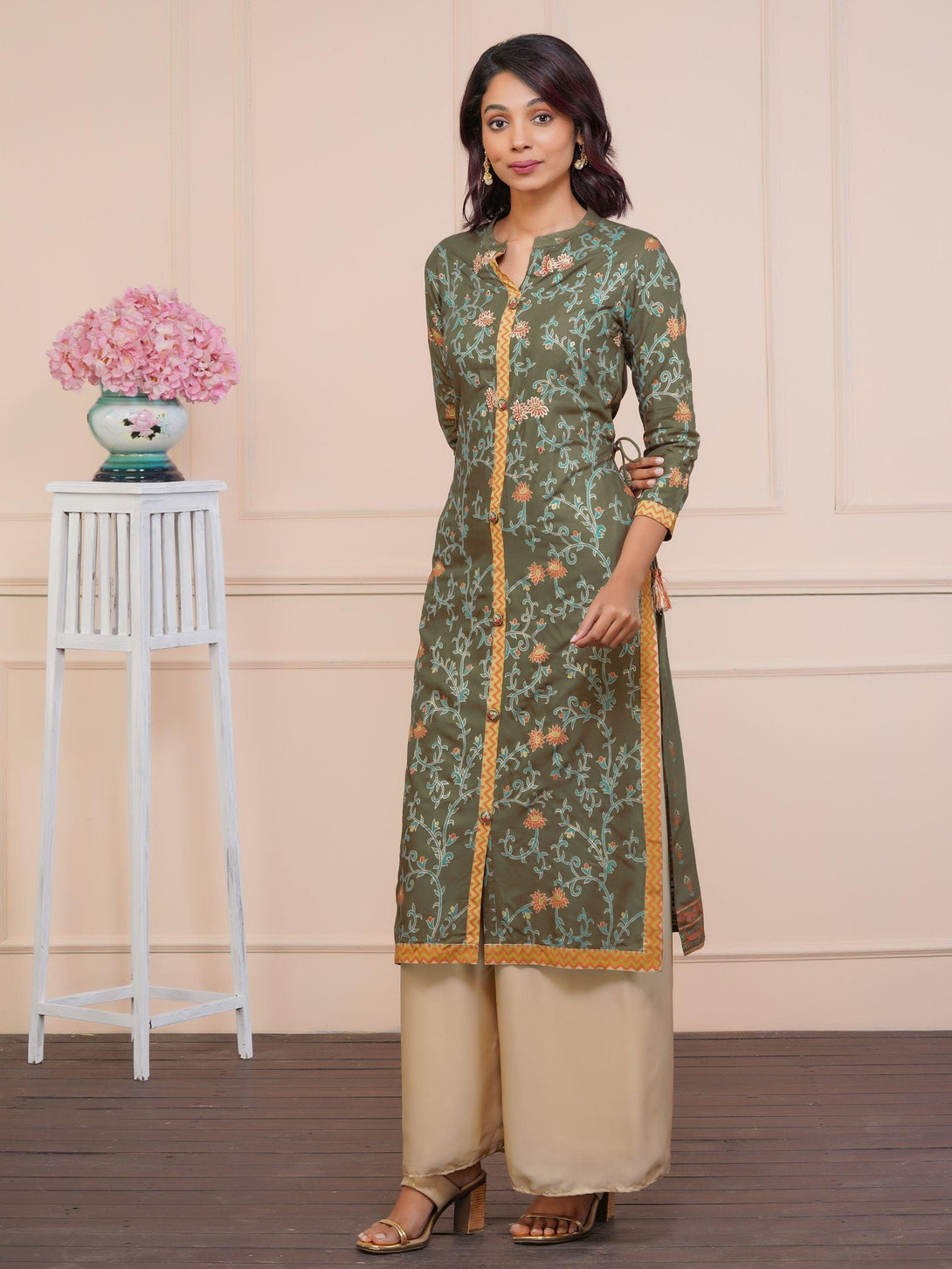 Zari Embroidery And Floral Gold Highlights Kurta - Indiakreations