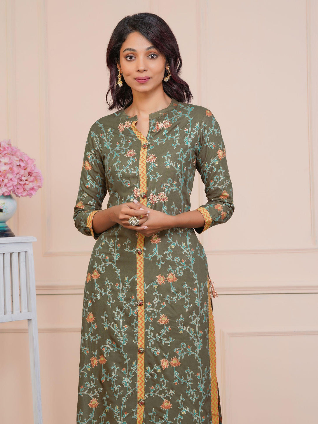 Zari Embroidery And Floral Gold Highlights Kurta - Indiakreations