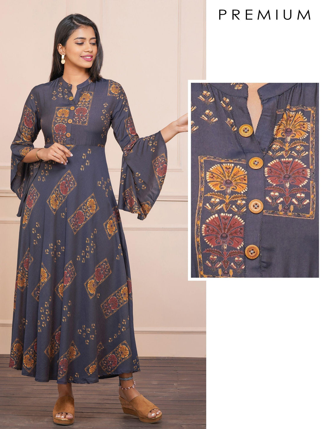 Floral Motif Printed Bias Cut Maxi – Navy Blue - Indiakreations