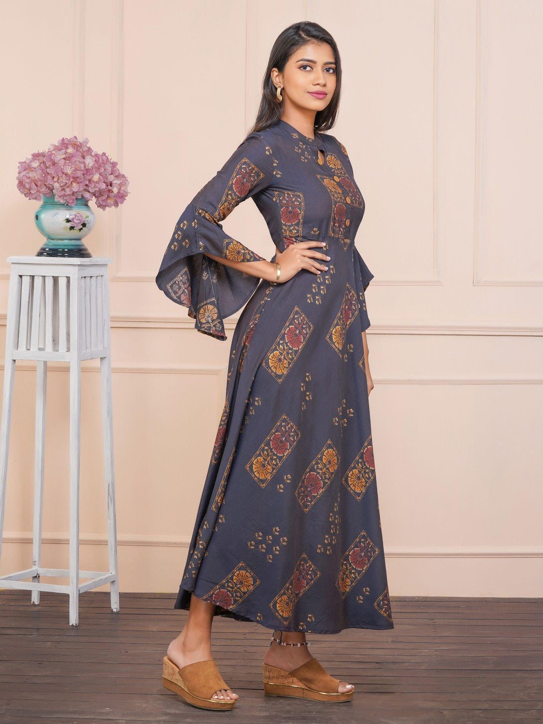 Floral Motif Printed Bias Cut Maxi – Navy Blue - Indiakreations