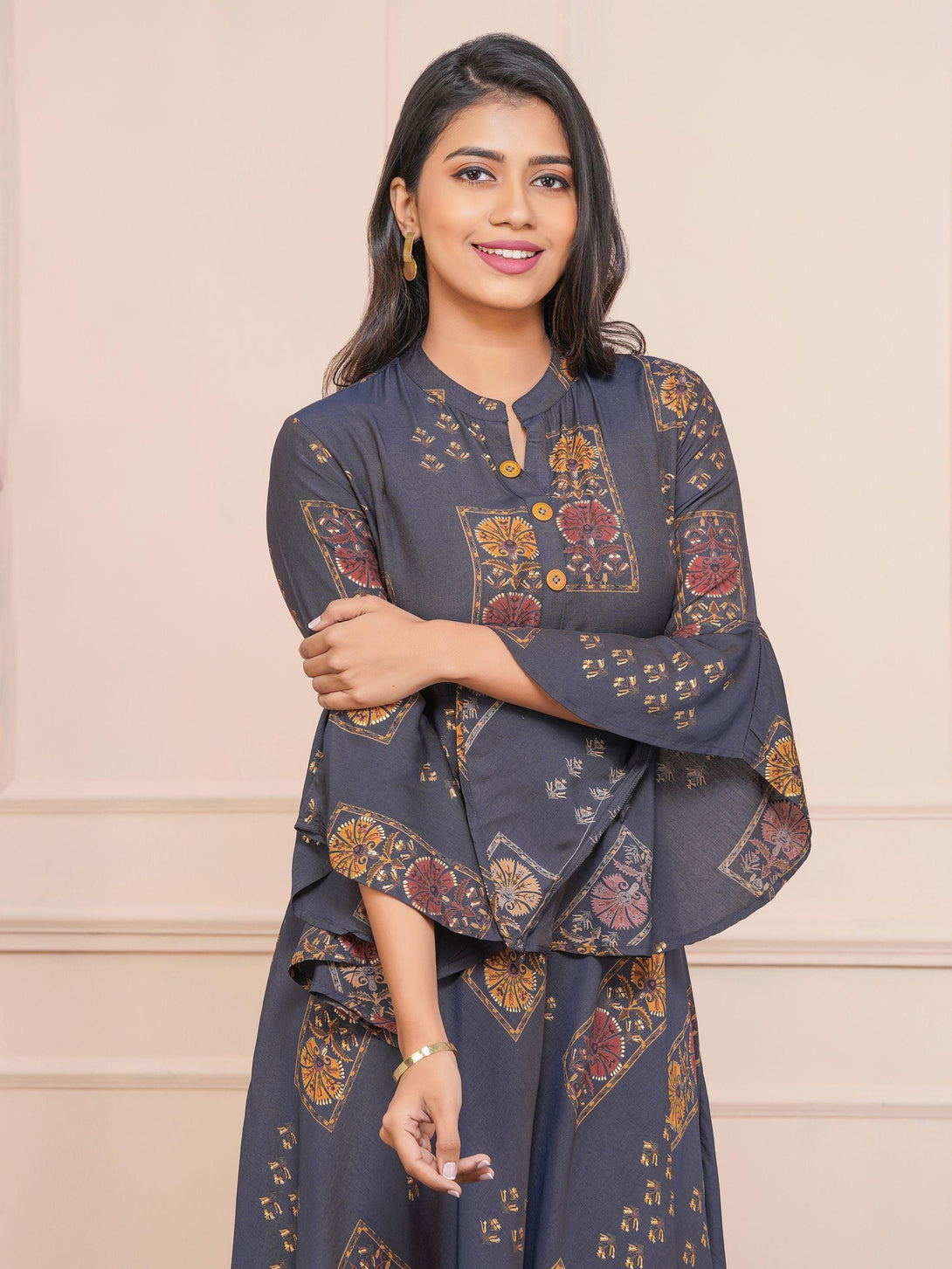 Floral Motif Printed Bias Cut Maxi – Navy Blue - Indiakreations