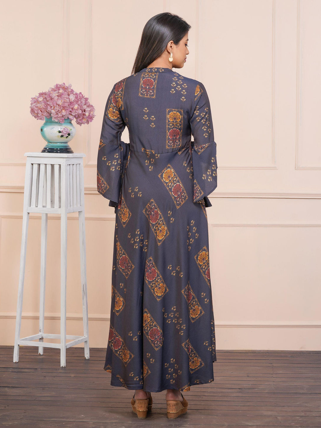 Floral Motif Printed Bias Cut Maxi – Navy Blue - Indiakreations