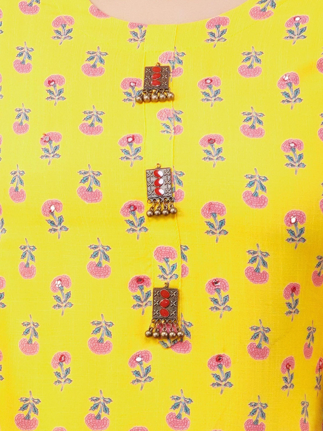 Floral Printed & Ghungroo Brooches Kurti - Indiakreations