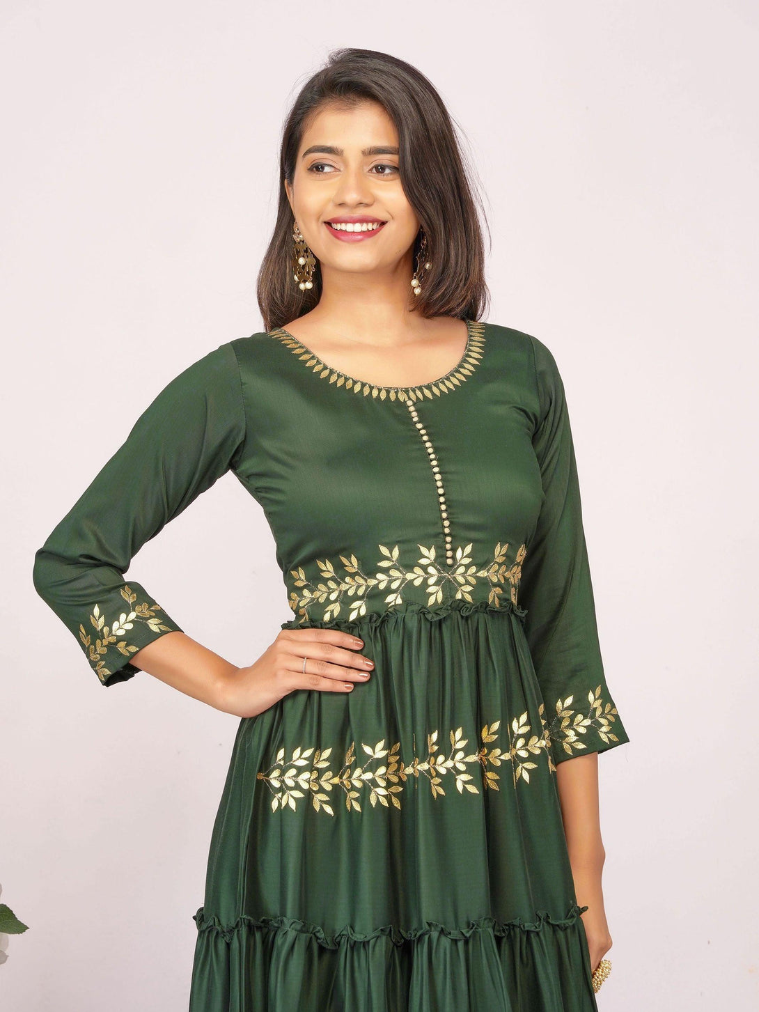 Rexine Gota Embellished Tiered Designer Maxi – Bottle Green - Indiakreations