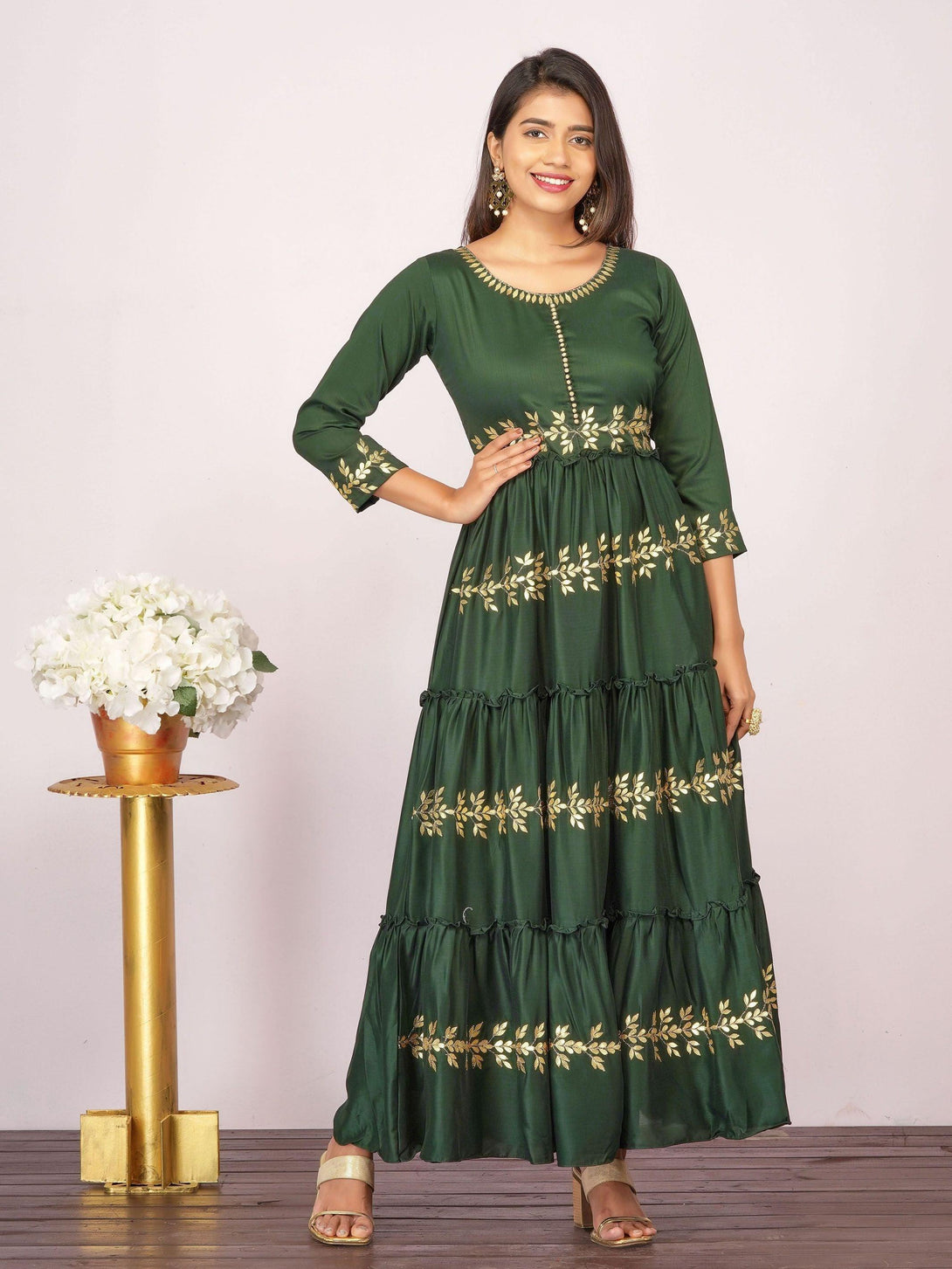 Rexine Gota Embellished Tiered Designer Maxi – Bottle Green - Indiakreations