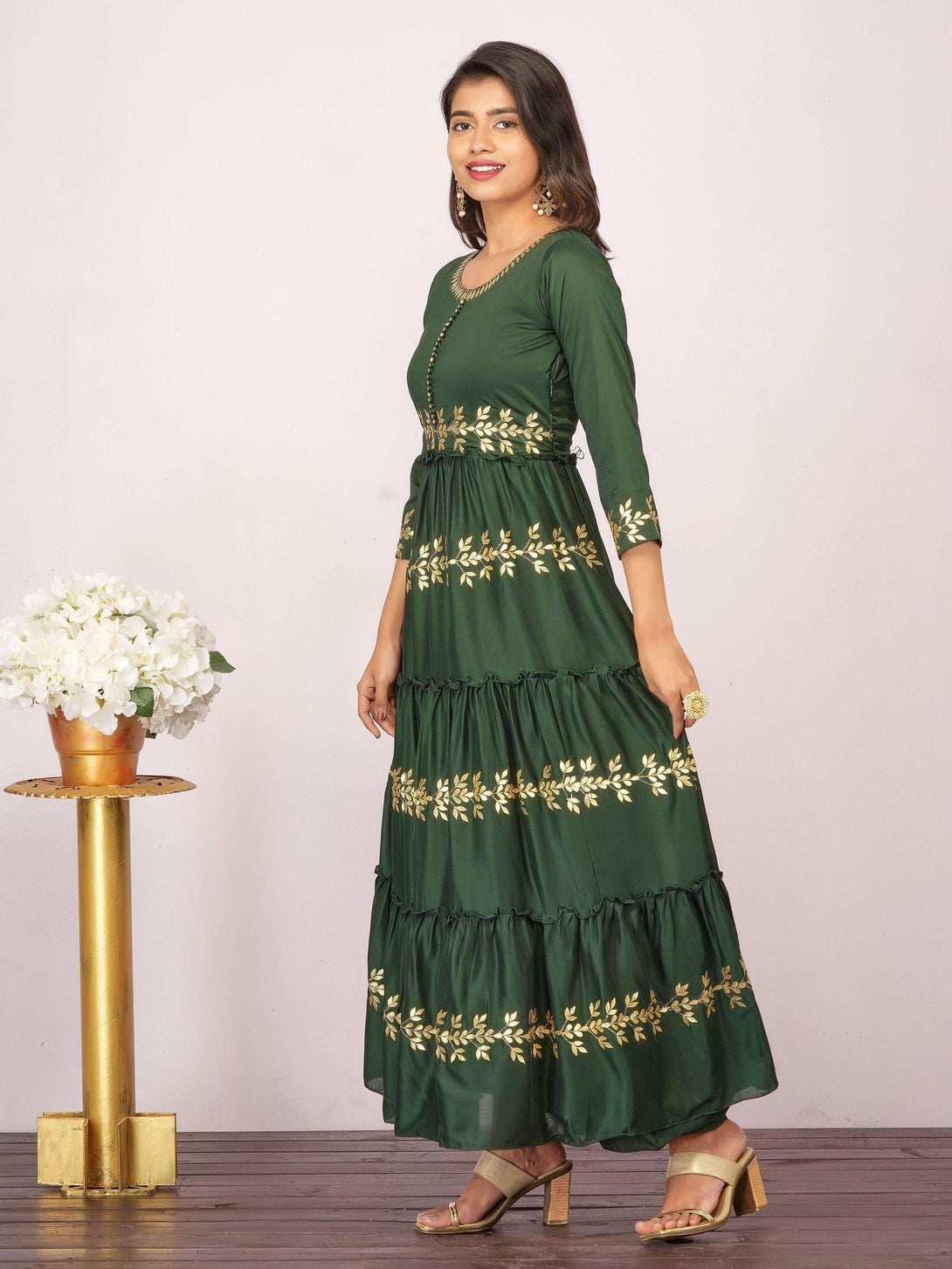 Rexine Gota Embellished Tiered Designer Maxi – Bottle Green - Indiakreations