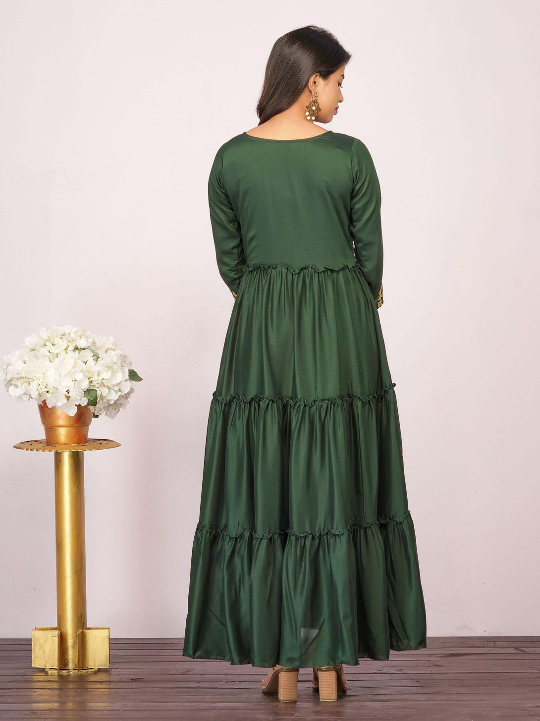 Rexine Gota Embellished Tiered Designer Maxi – Bottle Green - Indiakreations