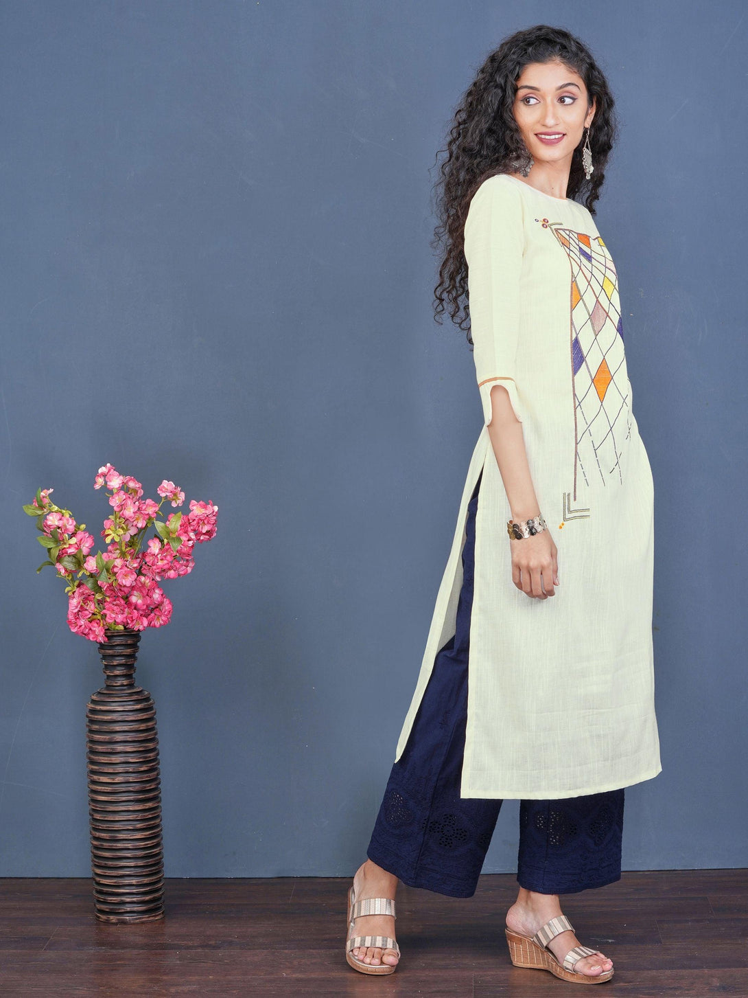 Vibrant Diamond Embroidered Cotton Kurti - Indiakreations