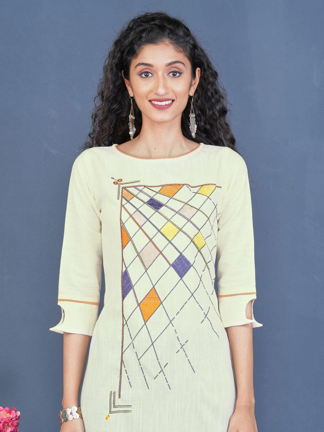 Vibrant Diamond Embroidered Cotton Kurti - Indiakreations