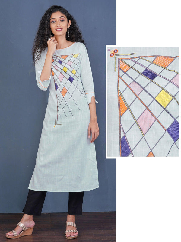 Vibrant Diamond Embroidered Cotton Kurti - Powder Blue - Indiakreations