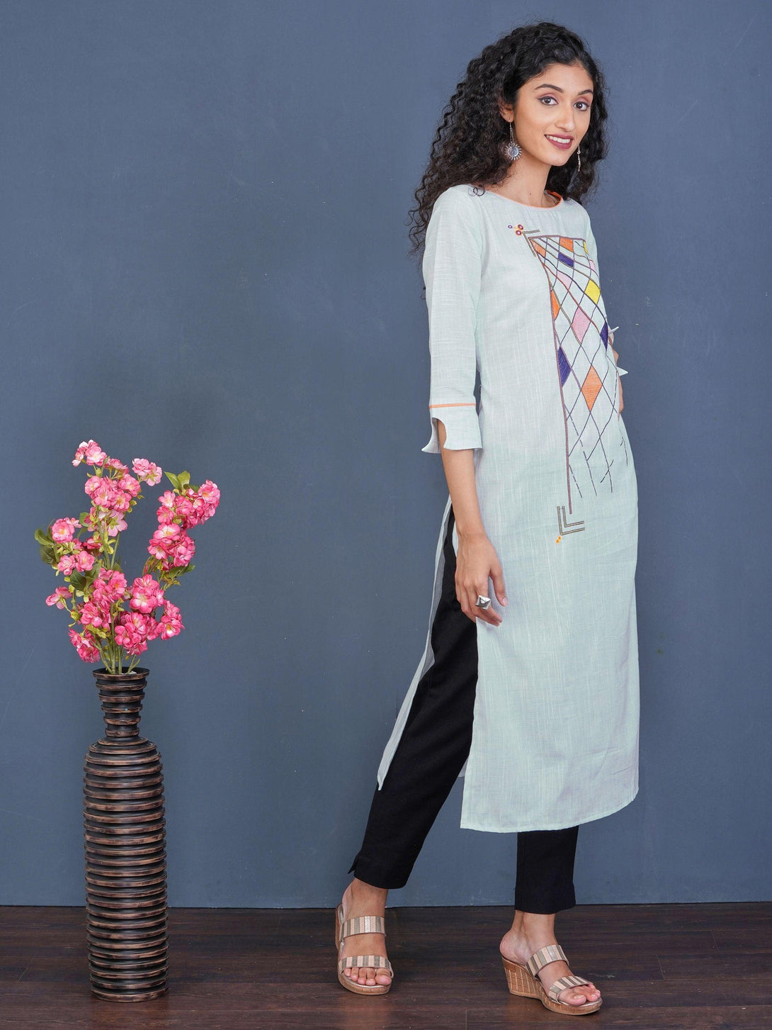 Vibrant Diamond Embroidered Cotton Kurti - Powder Blue - Indiakreations