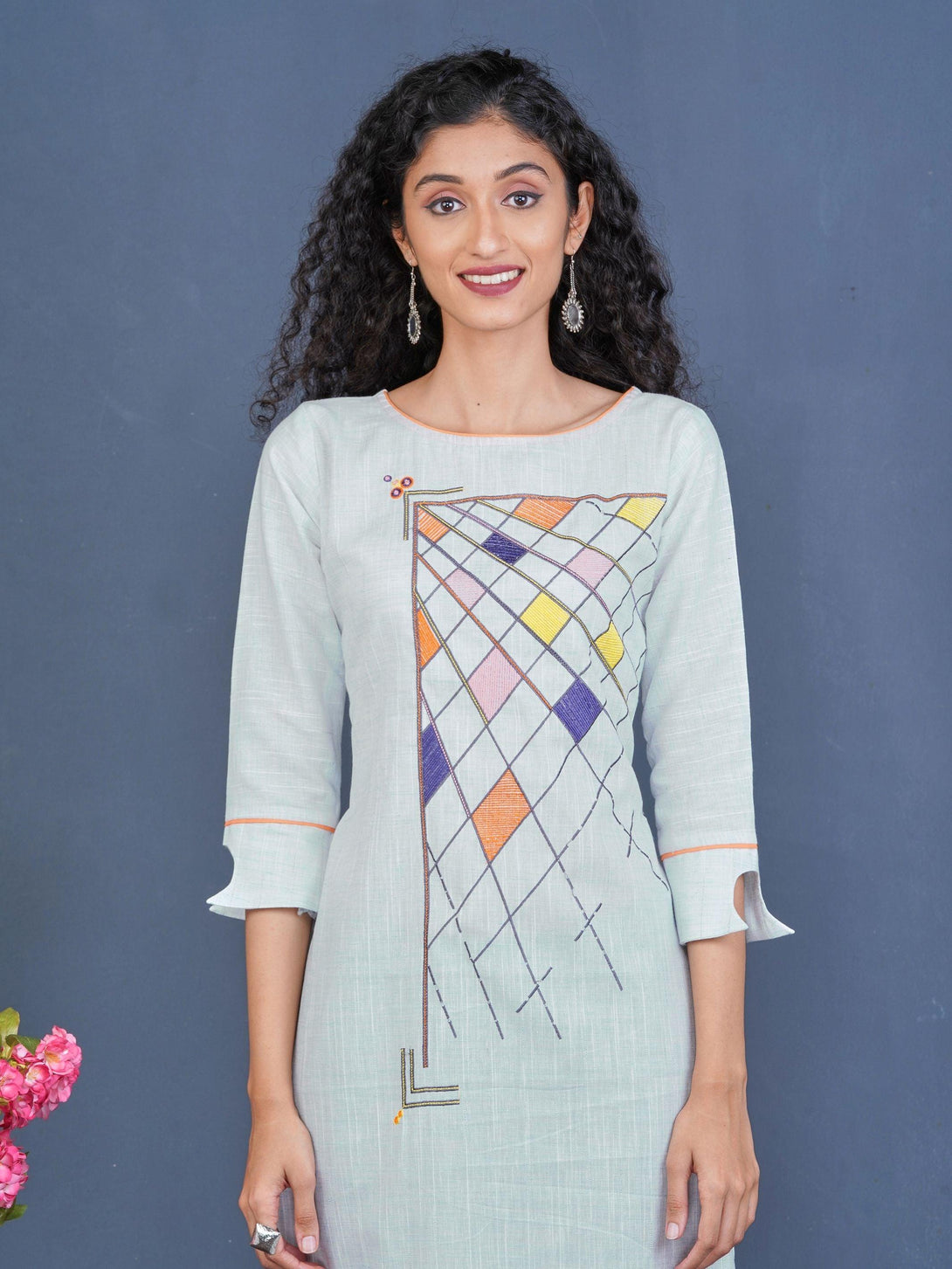 Vibrant Diamond Embroidered Cotton Kurti - Powder Blue - Indiakreations