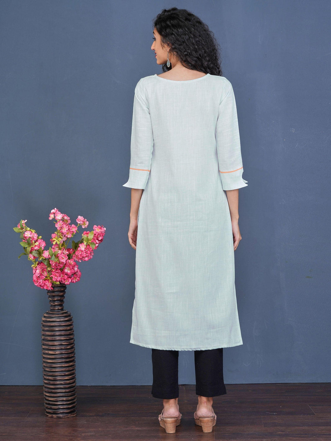 Vibrant Diamond Embroidered Cotton Kurti - Powder Blue - Indiakreations