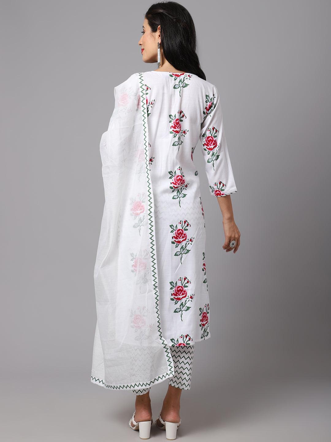 Women's White Color Printed Kurta and Pant Set with Dupatta - AILISH - Indiakreations