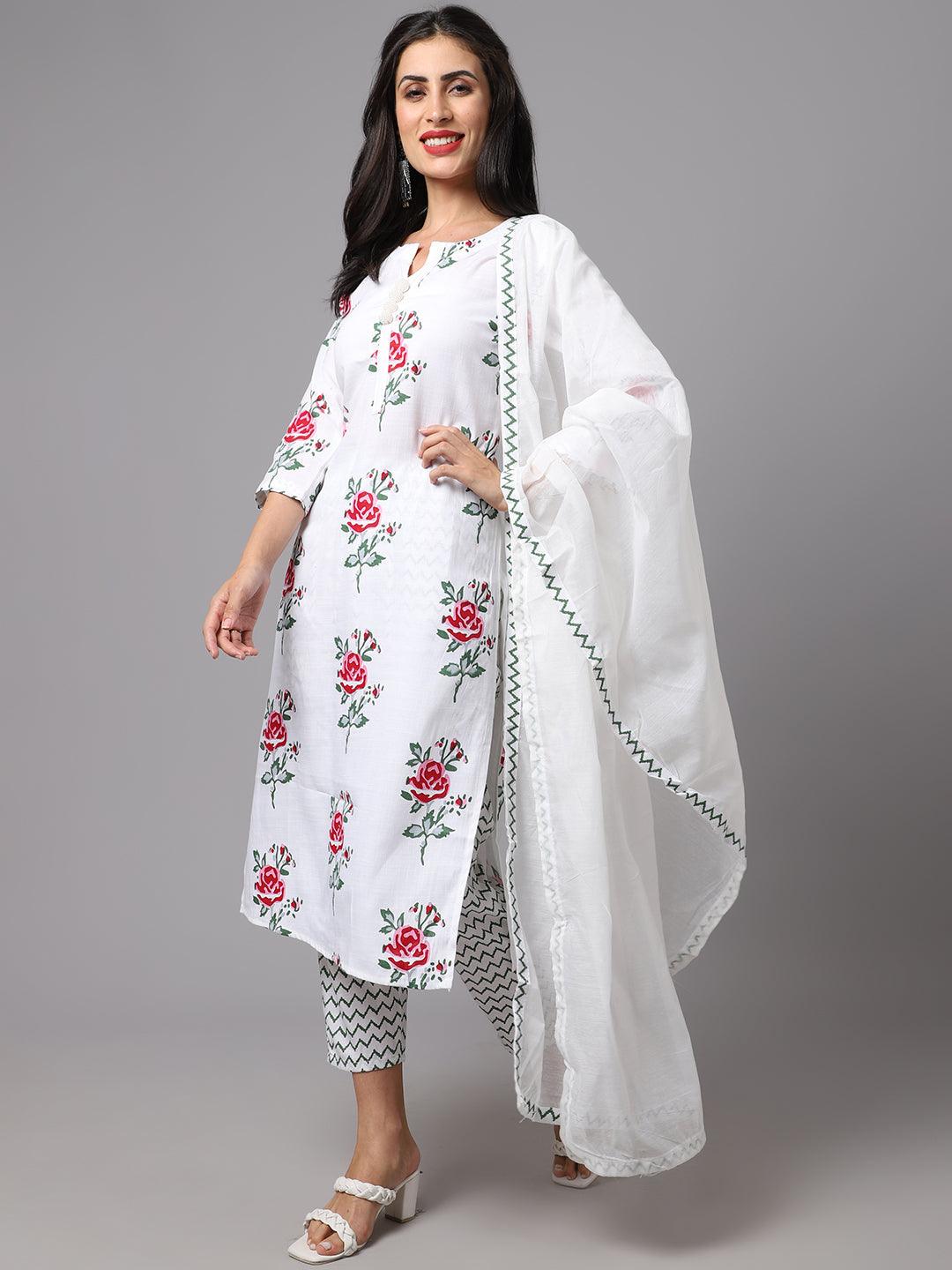 Women's White Color Printed Kurta and Pant Set with Dupatta - AILISH - Indiakreations