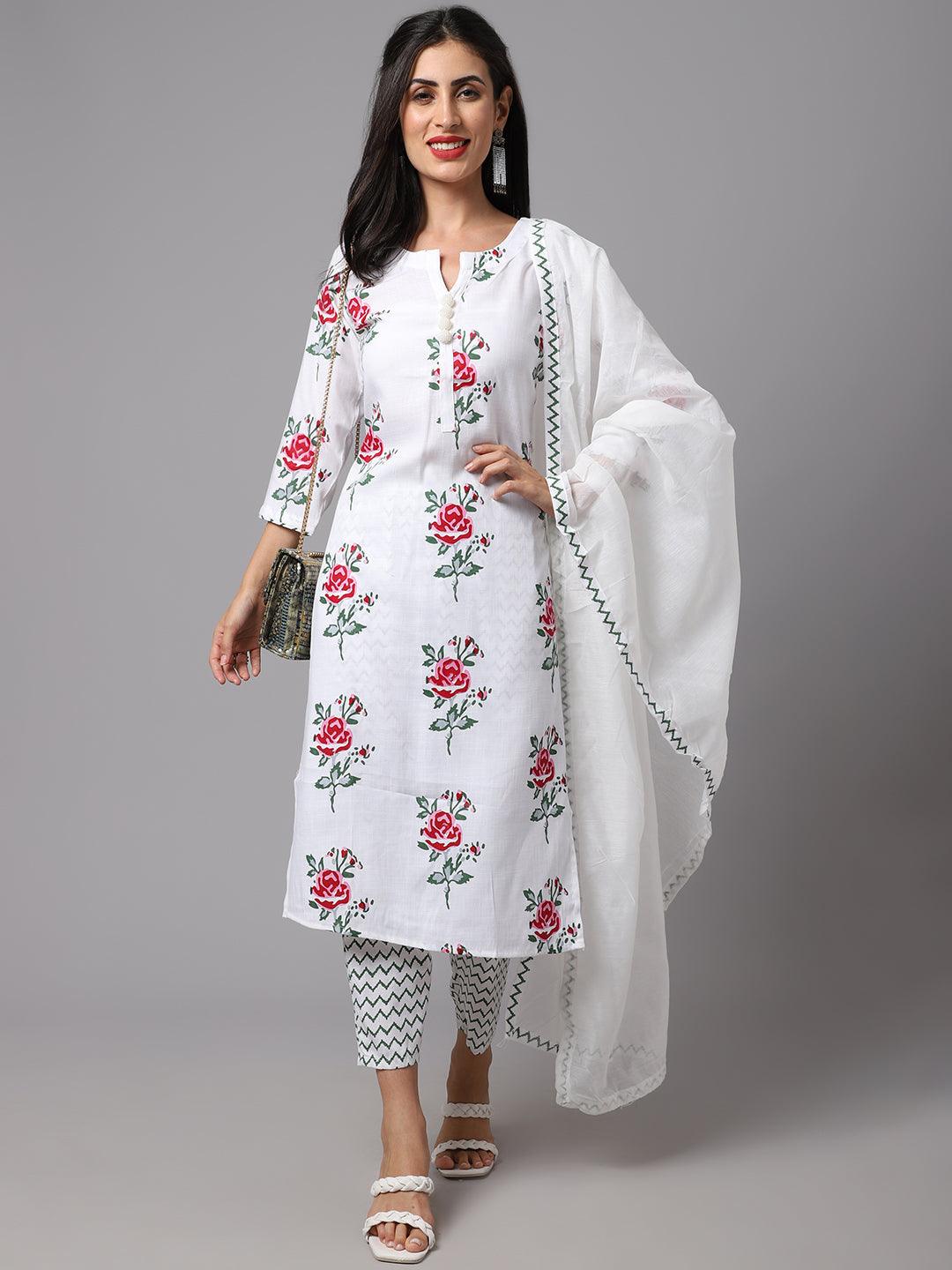 Women's White Color Printed Kurta and Pant Set with Dupatta - AILISH - Indiakreations