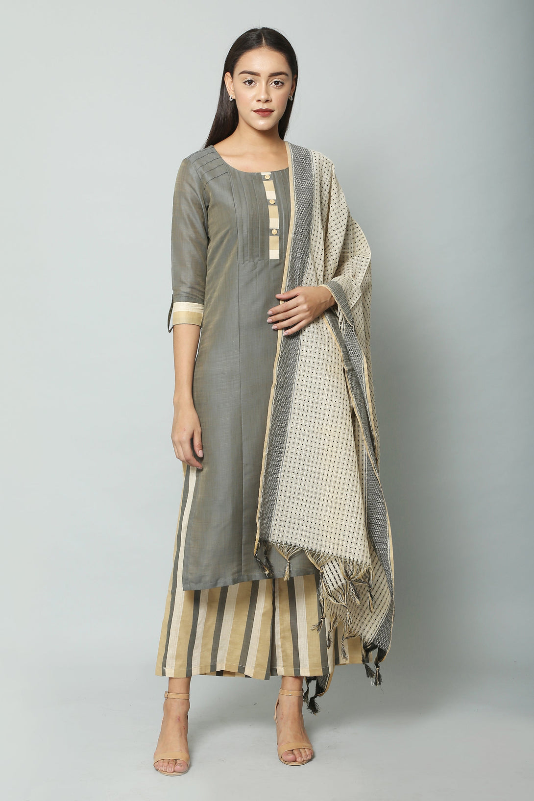 Women's Grey Color Cotton Blend Digital Printed Kurta Palazzo & Dupatta Set - Vaaba