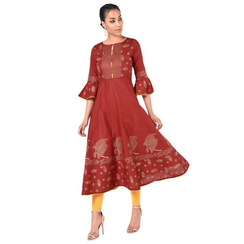 Women's Gold Print Flared Kurta - Aniyah