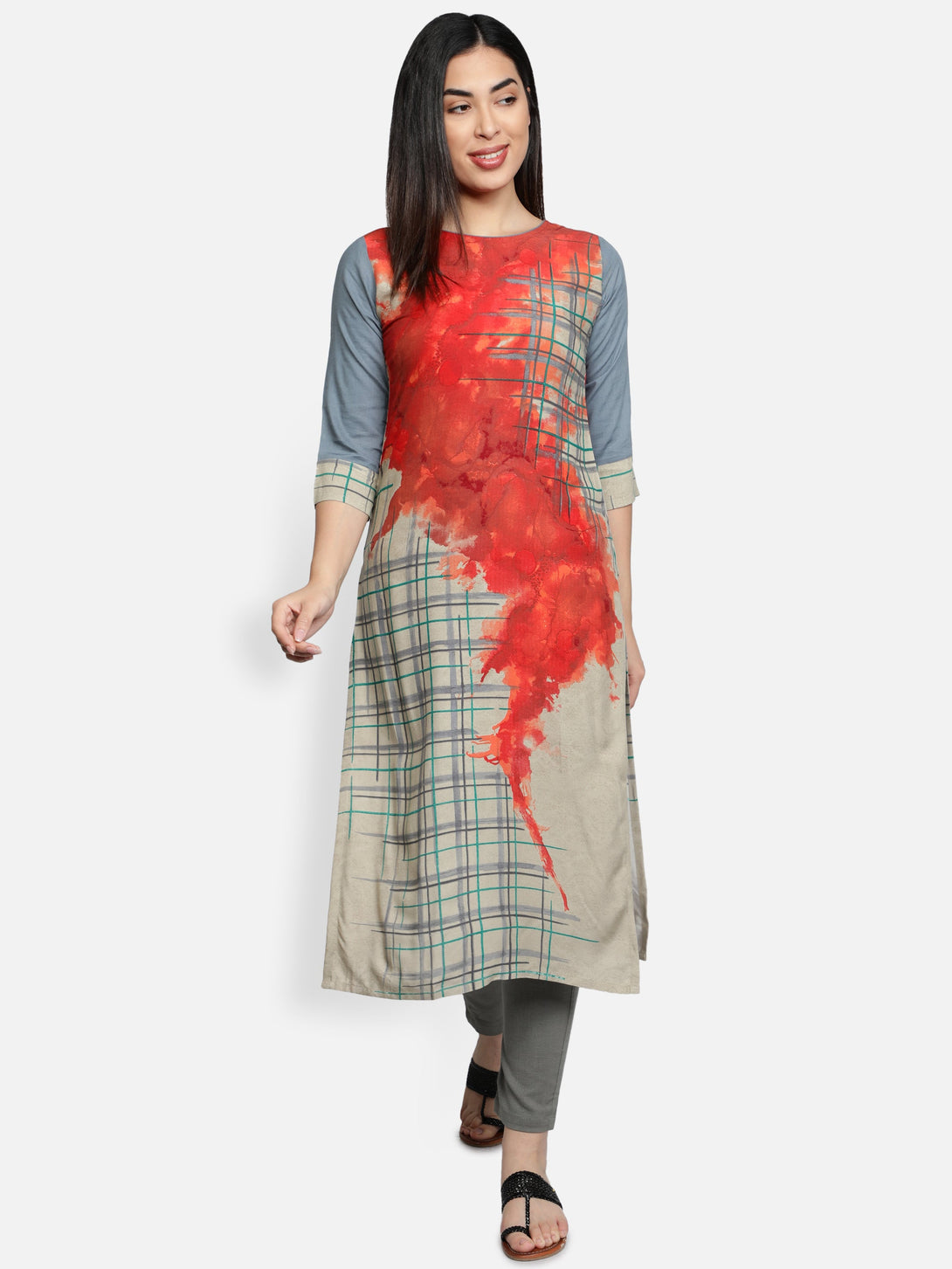 Women's Red Color Rayon Blend Straight Printed Kurta - Vaaba