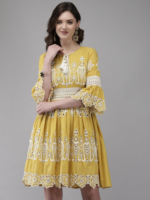 Women's Cotton Mustard Schiffli Embroidered A-Line Dress - Ishin - Indiakreations