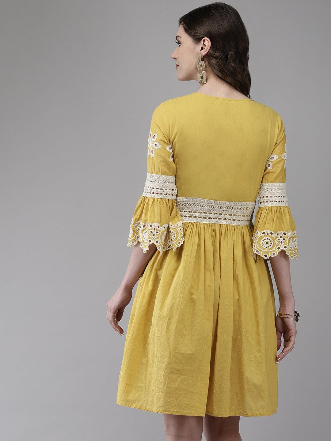 Women's Cotton Mustard Schiffli Embroidered A-Line Dress - Ishin - Indiakreations