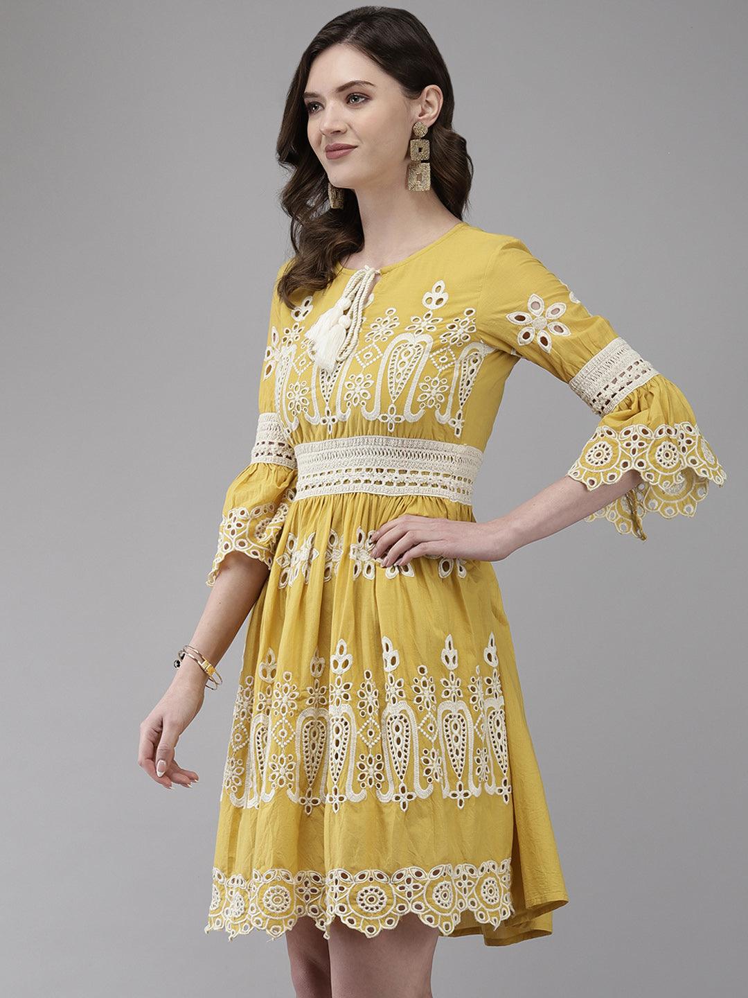 Women's Cotton Mustard Schiffli Embroidered A-Line Dress - Ishin - Indiakreations