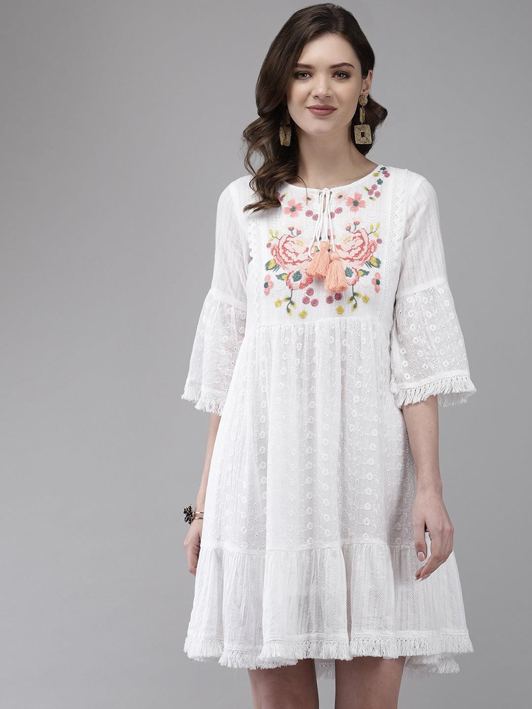 Women's Cotton Blend White Embroidered A-Line Dress - Ishin - Indiakreations