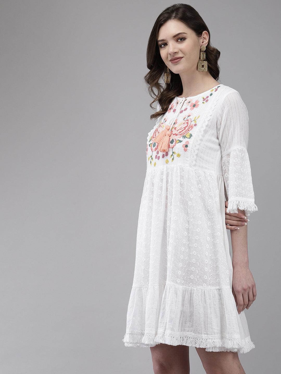 Women's Cotton Blend White Embroidered A-Line Dress - Ishin - Indiakreations