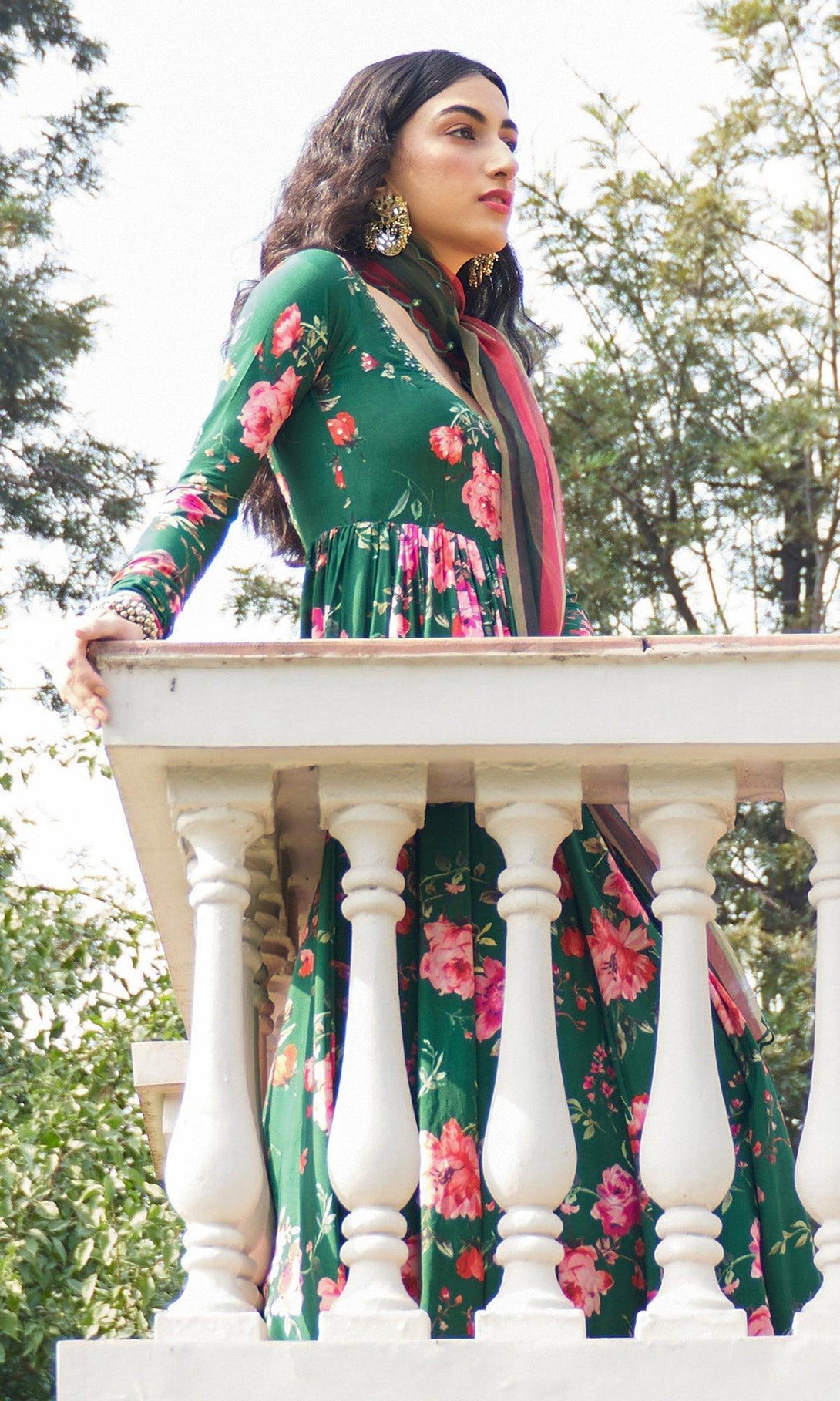 Bagh - Green Floral Printed Anarkali Set -set of 3 RTS - Indiakreations