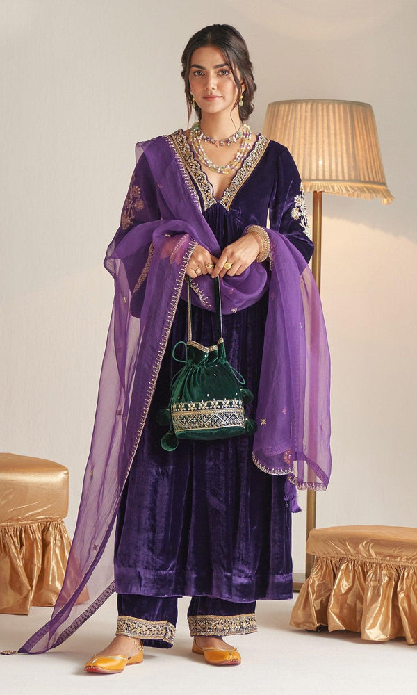 Khizaan Embroidered Purple V Neck velvet Anarkali set with organza dupatta set of 3 RTS - Indiakreations