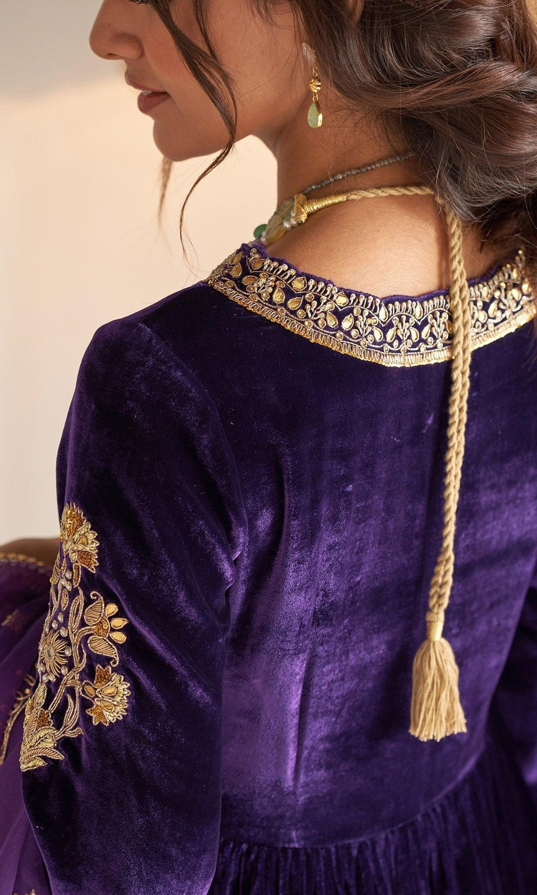 Khizaan Embroidered Purple V Neck velvet Anarkali set with organza dupatta set of 3 RTS - Indiakreations