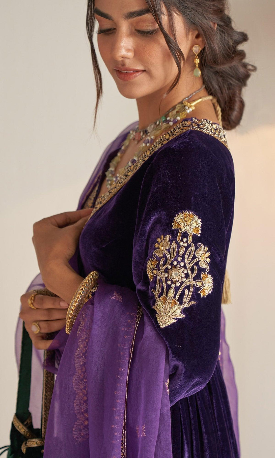 Khizaan Embroidered Purple V Neck velvet Anarkali set with organza dupatta set of 3 RTS - Indiakreations