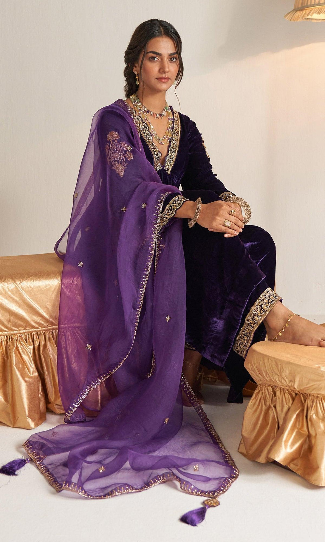 Khizaan Embroidered Purple V Neck velvet Anarkali set with organza dupatta set of 3 RTS - Indiakreations